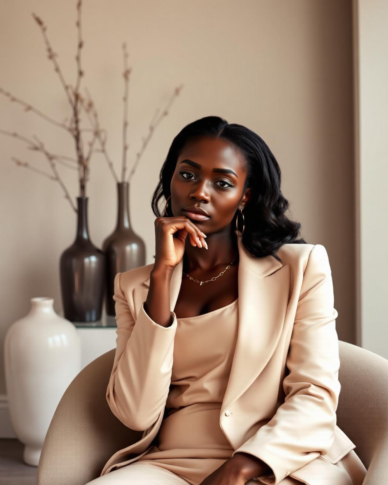 Femme élégante en silhouette beige dans un intérieur raffiné